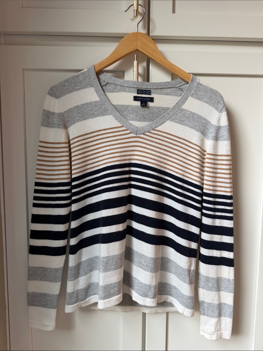 Tommy Hilfiger Striped V-Neck Sweater -100% Pima Cotton -Size S